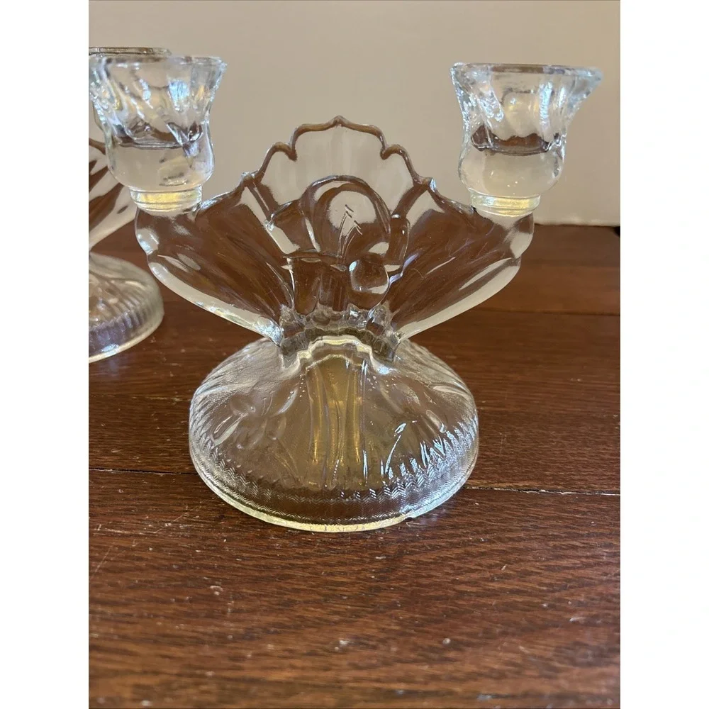 Jeanette Glass Iris and Herringbone‎ Set of 2 Double Candlestick Holders Vintage